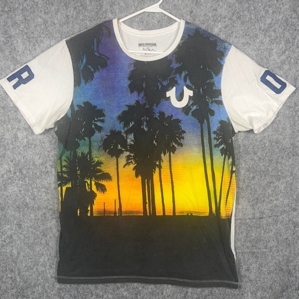 True Religion Men's Cali‎ Photo Real Sunset Palm Tree Graphic T-Shirt XL White